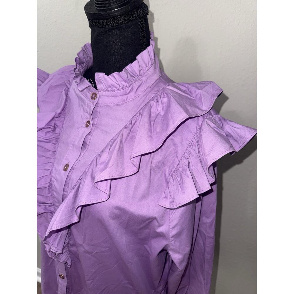 Karlie Solid Poplin Ruffle Button Purple Long Sleeve Blouse Large Cottagecore - Picture 3 of 7